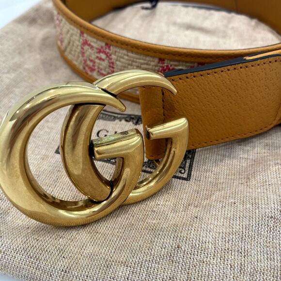 Gucci GG Marmont G Print Raffia Straw Wide Belt 90 Tan Pink Yellow - Picture 3 of 16